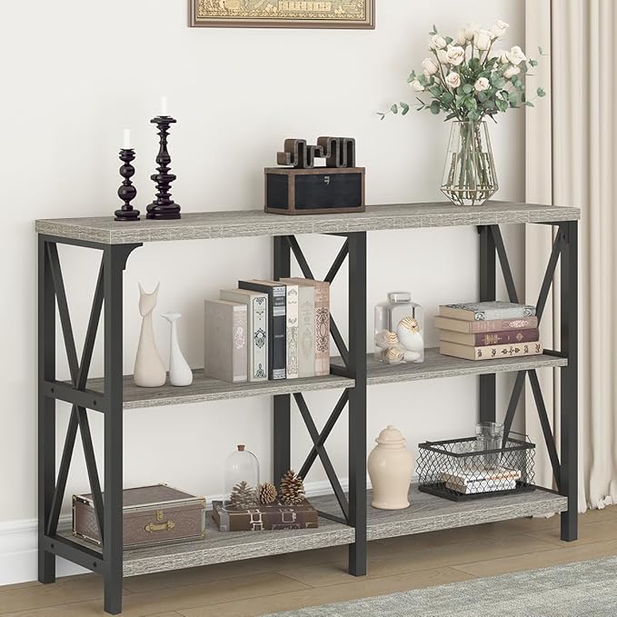 IBF Farmhouse Rustic Sofa Table, Modern Metal Wood 3 Tier Entryway Table, Industrial Console Table with Storage Shelves, Foyer Hallway Couch Table Behind Sofa for Living Room Bedroom, Grey Oak, 47 in