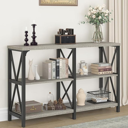 IBF Farmhouse Rustic Sofa Table, Modern Metal Wood 3 Tier Entryway Table, Industrial Console Table with Storage Shelves, Foyer Hallway Couch Table Behind Sofa for Living Room Bedroom, Grey Oak, 47 in