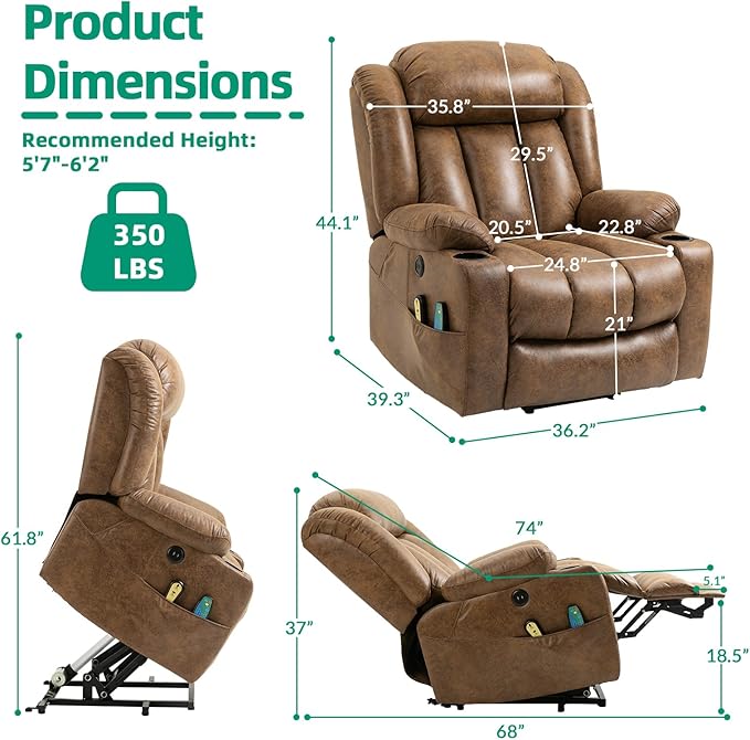 VIVIJASON Tall Man Large Power Lift Recliner Chair with Massage and Heat for Elderly, Overstuffed Wide Electric Lift Recliner with Extended Footrest, 2 Cup Holder, Side Pockets & USB Ports (Brown)