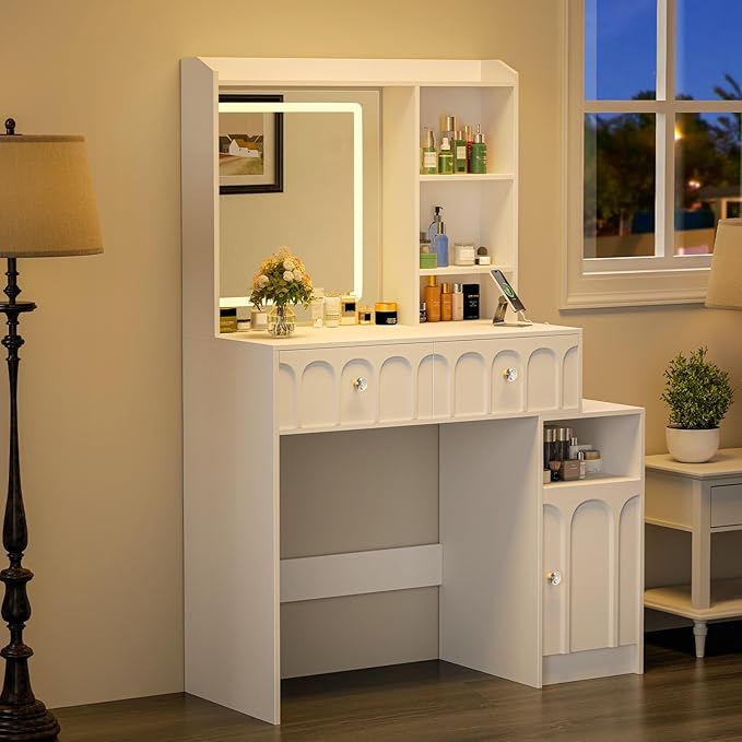Vanity Desk with Mirror and Lights, Makeup Desk with 2 Drawers & Adjustable Shelves, Dressing Table with Charging Station for Bedroom. 3 Adjustable Light Modes