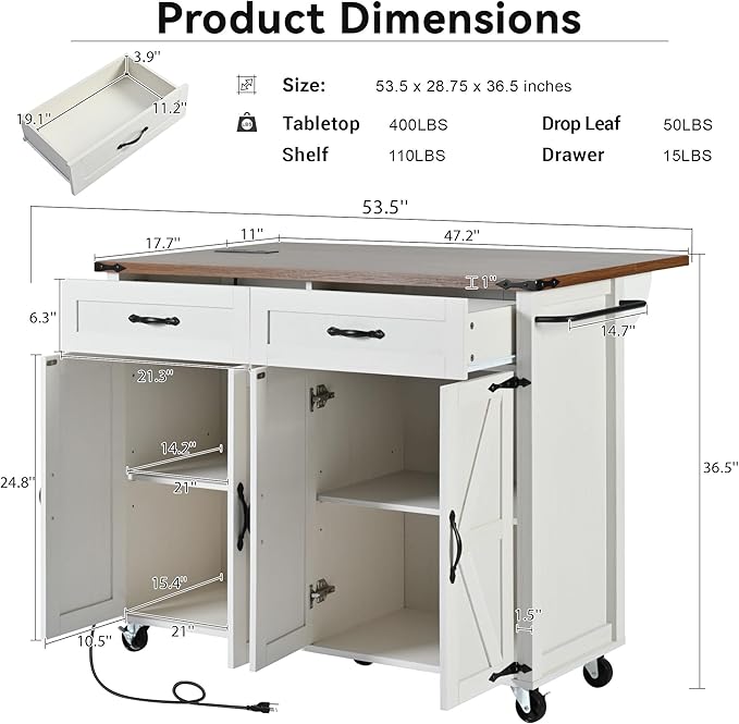 Farmhouse Roling Kitchen Island Cart with Drop Leaf Breakfast Bar with Power Outlet, Storage Island Table on Wheels with Drawers, Spice Rack(White)