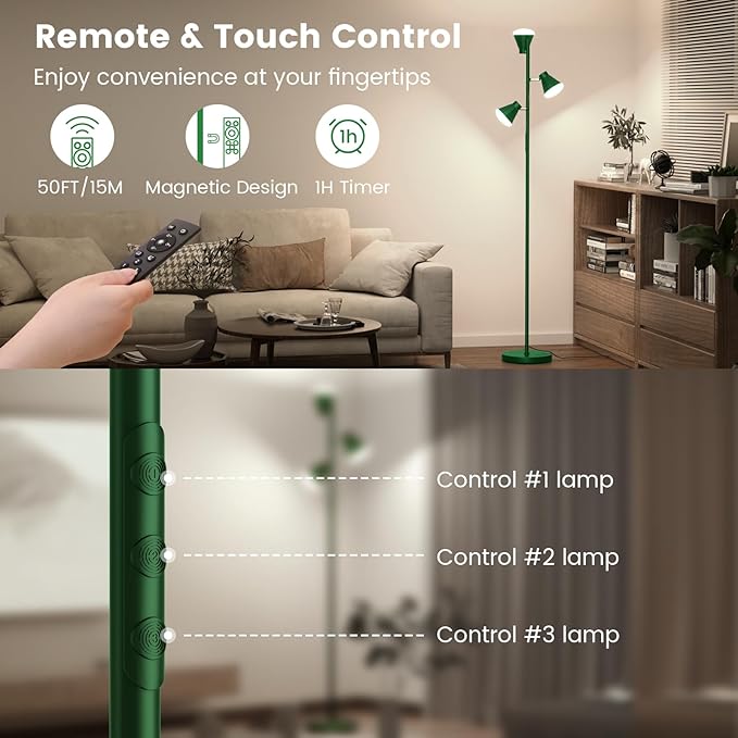 36W LED Tree Floor Lamp, Dimmable Tall Standing Lamp with Remote & Touch Control, 4 Color Temperatures Bright Floor Lamp, 3 Rotatable Light Modern Floor Lamps (Green)