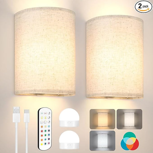 Battery Operated Wall Sconces Set of 2,Rechargeable Wall Lights with Remote Control,15 RGB Colors Dimmable Wall Light with fabric shades,Magnetic Wall Lamp Fixtures for Bedroom Living Room Hallway