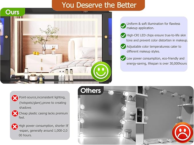 62" Large Black Vanitys Desk w/ Tempered Glass Top,60000-color LED Lights,Power Outlet, Make up Vanity w/ 3 Lights Mode LED Mirror,9 Drawers,2 RGB Cabinet LED Vanity Table for Women,Girls