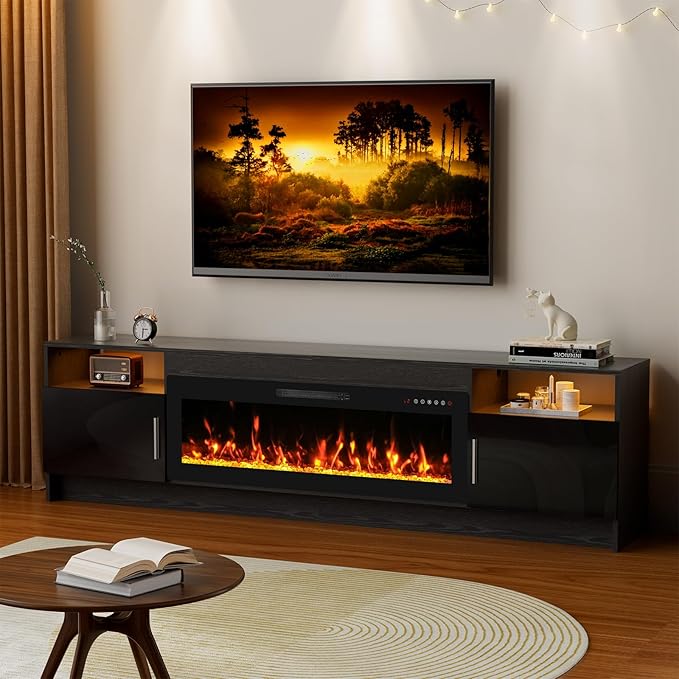 80'' TV Stand with 42''Fireplace-Black Entertainment Center for 90 inch TV- TV Cabinet with LED Light, Storage, High Glossy Door, Modern TV Console for Living Room