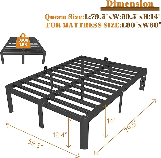 14 Inch Queen Bed Frame with Metal Gaskets, Black Bed Frame Queen Size No Box Spring Needed, Heavy Duty Steel Platform Support, Round Corner Design, Noise Free, Storage Space, Easy Assembly