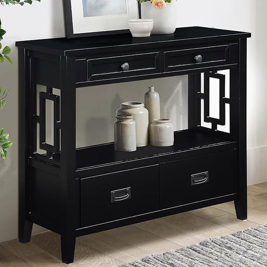 36 Inch Country Farmhouse Console Table with 4 Drawers and 1 Storage Shelf Pine Wood Suitable for Entryway Entrance Living Room Bedroom Hallway Kitchen (Black)