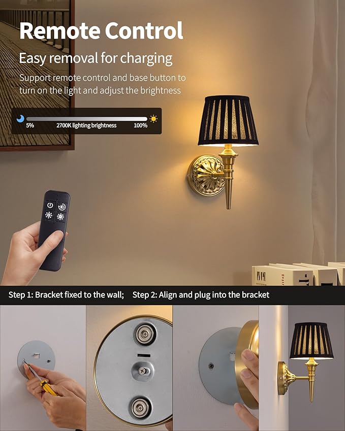 KDG Cordless Wall Sconces Set of 2, Small Wireless 5200mAh Rechargeable Battery Fabric LED Wall Lamps, Portables Lightings for Wall Painting, Living Room, Bedroom, Hallway, Gifts (Black Lampshde)