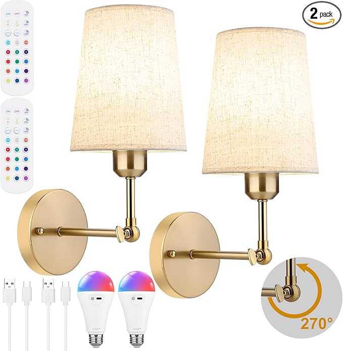 Battery Operated Wall Sconce Set of Two,Modern Gold Rechargeable Wall Lights with 5200mAh RGB Bulb and Remote Control, 270°Rotation Dimmable Battery Powered Wireless Wall lamps for Bedroom Living Room