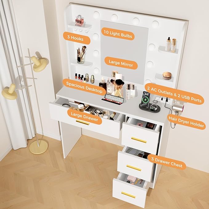 35” Small Vanity Desk with Mirror and Lights,10 Lights,3 Color Modes,Makeup Vanity Desk with 4 Storage Shelves 4 Drawers and Power Outlet,for Bedroom & Dressing Room,White vanitys