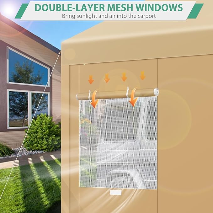 COBIZI Carport 10x20ft Heavy Duty Portable Garage, 2.0 Powder Coated Frame(Better Than Galvanized), Waterproof Shelter with Removable Sidewalls & Windows, Built-in Sandbags, for Car/Boat/SUV, Khaki