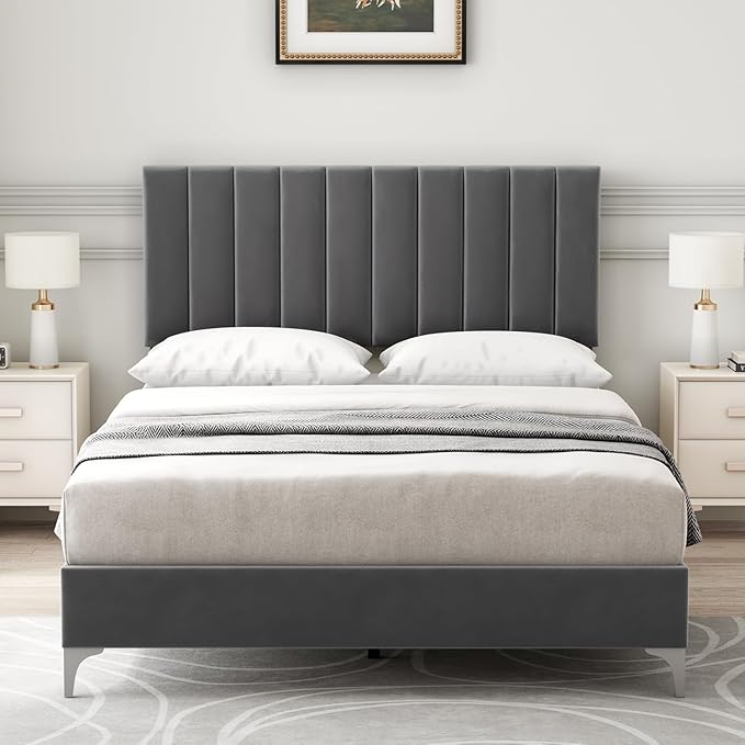IDEALHOUSE Full Bed Frame with Velvet Headboard Adjustable, Strong Wooden Slat Support, No Box Spring Needed, Noise Free Sleep,Easy Assembly, Dark Grey