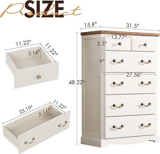Farmhouse 6 Chest of Drawers for Bedroom, 48" Tall Wood Dresser with Bronze Retro Handles & 3D Drawer Fronts, Closet Dresser for Bedroom, Hallway, Antique White