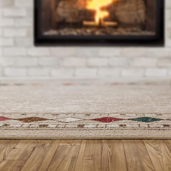 Antep Rugs Alfombras Modern Bordered 5x7 Non-Skid (Non-Slip) Low Profile Pile Rubber Backing Indoor Area Rugs (Beige, 5' x 7' Oval)