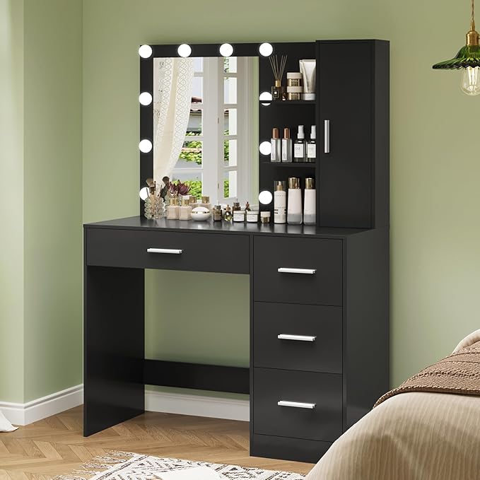 usikey sikey Makeup Vanity with Lights, Vanity Desk with Mirror and 10 LED Lights, Vanity Table Set with 4 Drawers, Cabinet & 4 Necklace Hooks, Dressing Table for Bedroom,Black