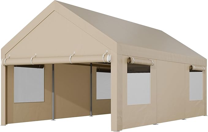 Shintenchi Portable Garage Canopy,10x20 FT Heavy-Duty Design Carport,Carport Canopy with Side-Opening Removable Door & Roll-Up Window,Portable Car Port for Car, Truck, Boat,Khaki