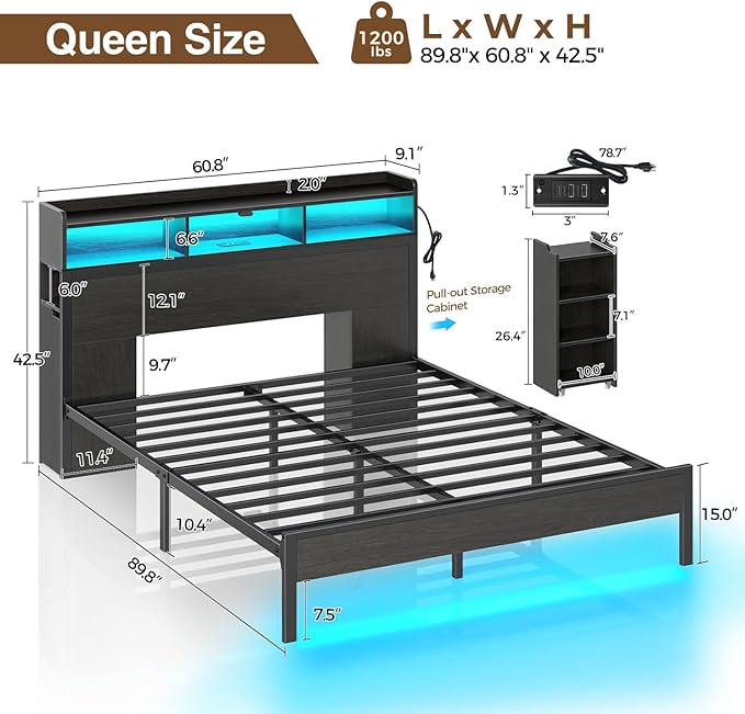 Rolanstar Bed Frame Queen Size with Bookcase Storage Headboard, Slide Out Bedside Storage, Bed with Charging Station & LED Lights, Heavy Duty Metal Slats, No Box Spring Needed, Noise Free, Black