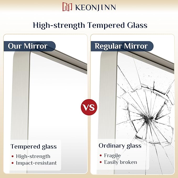 Keonjinn Brushed Nickel Mirror 60 x 36 Inch Large Silver Bathroom Mirror for Over Sink, Rounded Rectangle Farmhouse Vanity Mirror with Metal Frame, HD Tempered Glass Wall Mirror(Horizontal/Vertical)