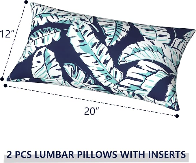 Outdoor Lumbar Pillows 12x20 inch, Rectangle Throw Pillows with Inserts, Decorative Lumbar Cushions for Patio Furniture Garden Couch Home Sofa Office Chair, Pack of 2, Baltic Palms White
