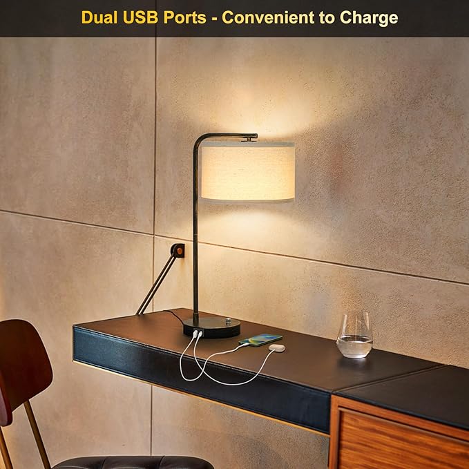 Bedside Table Lamp with USB C+A Charging Ports, Fully Dimmable Industrial Tall Nightstand Reading Desk Lamp for Bedroom, Living Room, Office, 9W LED Bulb Included