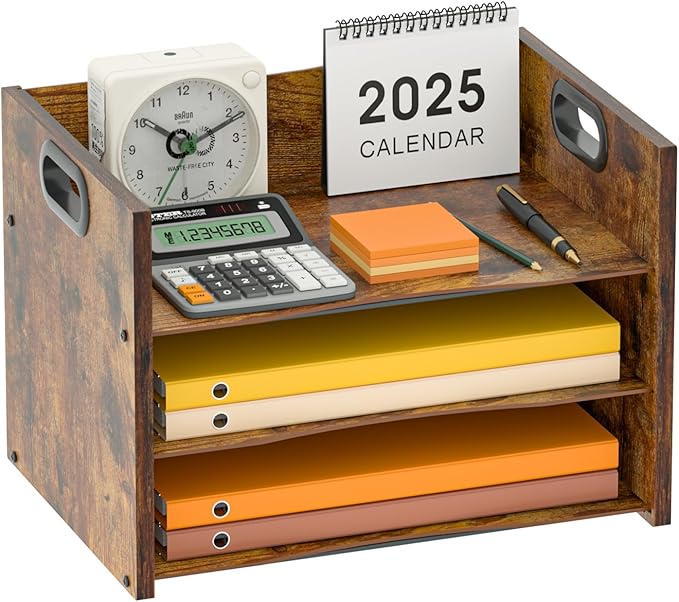 3-Tier Wood Paper Organizer, File Holder for Desk With Handle - Wooden Paper Letter Tray, Desk Organizer and Accessories, File Cabinet for Home Office, School
