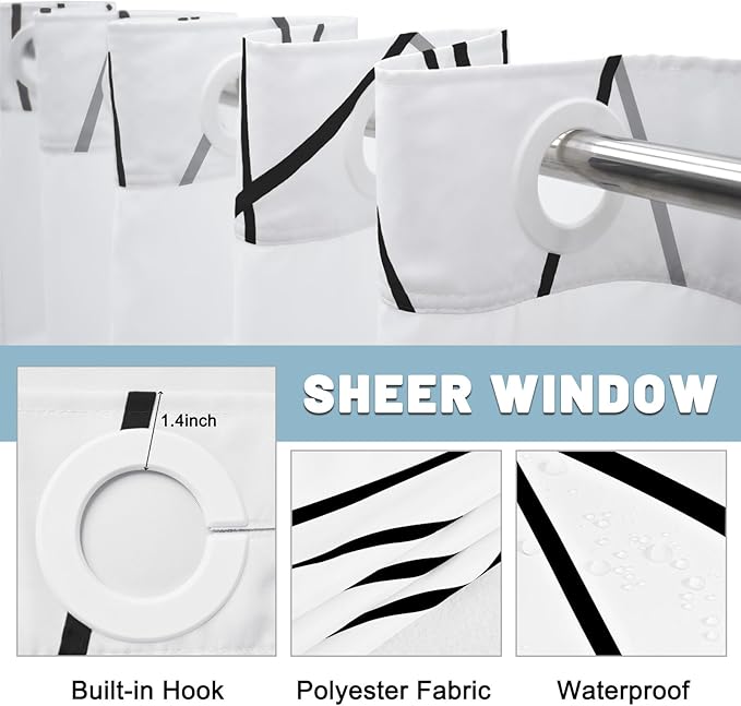 No Hook Black and White Striped Shower Curtain with Snap in Liner Set - Hotel Shower Curtain and Liner Set with See Through Mesh Top Window,Machine Washable, 71x74 INCH