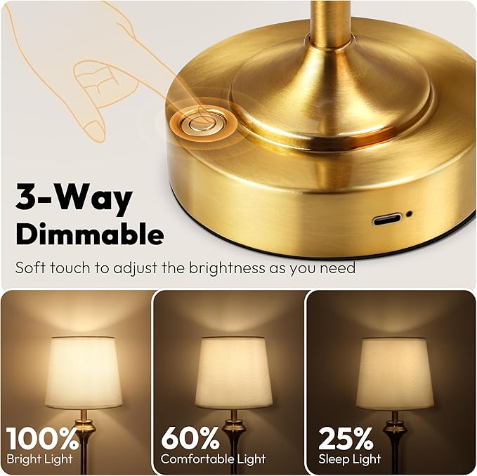 NIORSUN Portables Cordless Table Lamp,Battery Operated Lamp,5200mAh Bedside Table Lamp with Warm White,3 Way Dimmable Touch Desk Lamp for Bedroom Living Room Restaurant White Shade (Gold)