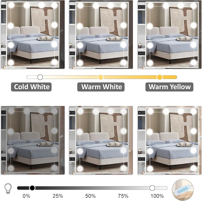 Makeup Vanity Desk with Mirror Lights, Vanity Table with 6 Drawers and Cabinet, Small Vanity Set with Chair Stool, 3 Modes Adjustable Sliding Mirror, White Vanity for Bedroom
