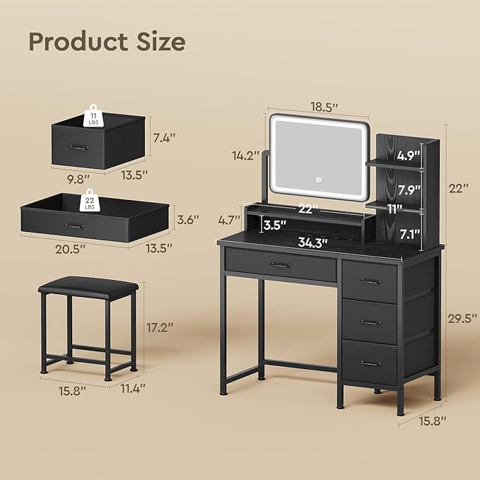 Makeup Vanity Desk with Mirror and Lights, Small Vanity with Fabric Storage Drawer & Chair & Shelves,Black Compact Makeup Vanity Set for Bedroom