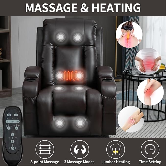 PELUMY Power Lift Recliner Chair for Elderly with Massage & Heat - Heavy Duty Electric Lift Chair, Oversized Recliner, Lay Flat, 8-Point Vibration, Lumbar Heating, USB Port, Cup Holders (Brown)