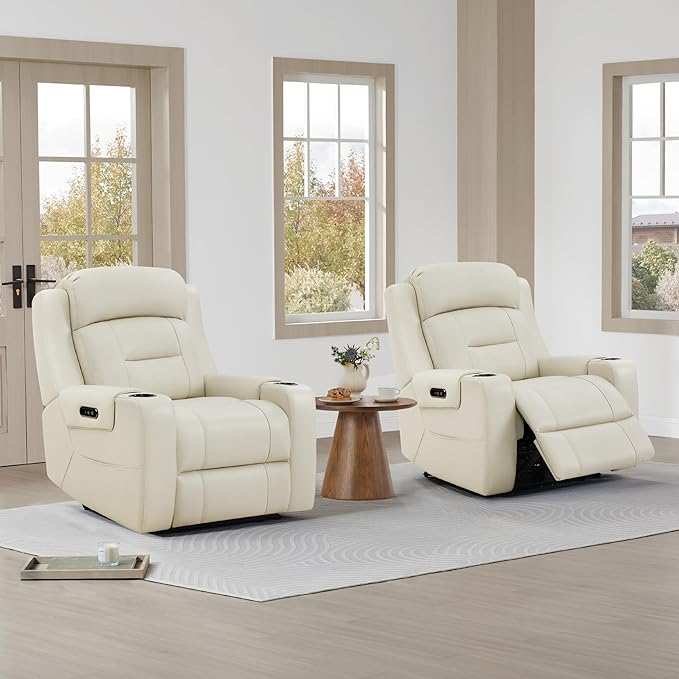 Watson & Whitely Genuine Leather Power Recliner Chairs for Adults, Lay Flat Recliner with Power Headrest, USB Ports and Cup Holders, Electric Reclining Sofa for Living Room, Bedroom, Cream