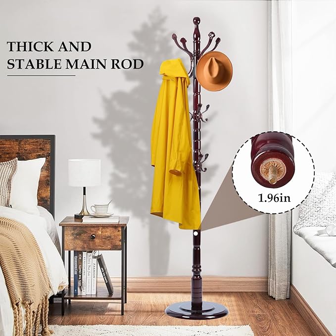 Wood Coat Rack Freestanding, Natural Coats Tree Stand with 14 Hooks, 73" Sturdy and Easy Assembly Coat Rack Stand for Entryway, Hallway, Bedroom, Bags, Hats (Heavy-duty Disc Base, Lucky Curve)