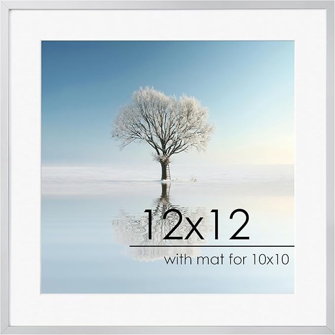 12x12 Metal Square Picture Frame With Tempered Glass | Mat for 10x10 | Minimalist Modern Poster Frame | Horizontal & Vertical Hanging | Hardware Included | Silver