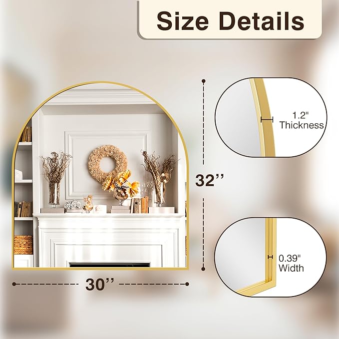 FICTOR Bathroom Vanity Mirror for Wall,32”x30” Arched Metal Framed Bathroom Mirror for Over Sink,Entryway,Living Room,Bedroom(Gold)