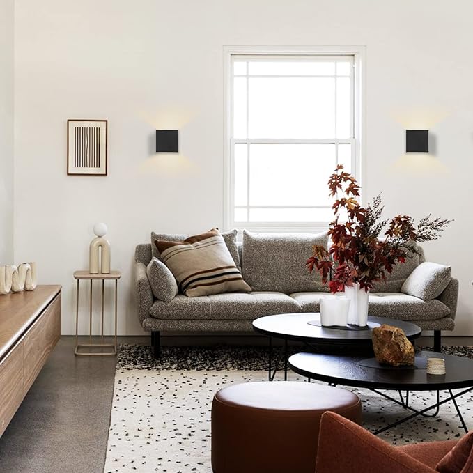 HEQIQEH Modern Style Battery Operated Wall Sconces, LED Cube Indoor Up and Down Wall Lamp with Remote Control, Dimmable Cordless Wall Lighting Fixtures for Living Room,Bedside (Black - 2 Pack)