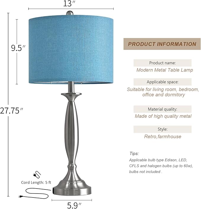 Oneach 27" Modern Table Lamps Set of 2 for Living Room Bedroom with USB A+C Charging Port,Brushed Steel Bedside Lamps for Night Stands,Fabric Drum Shade Nightstand Lamp Light for End Tables Home