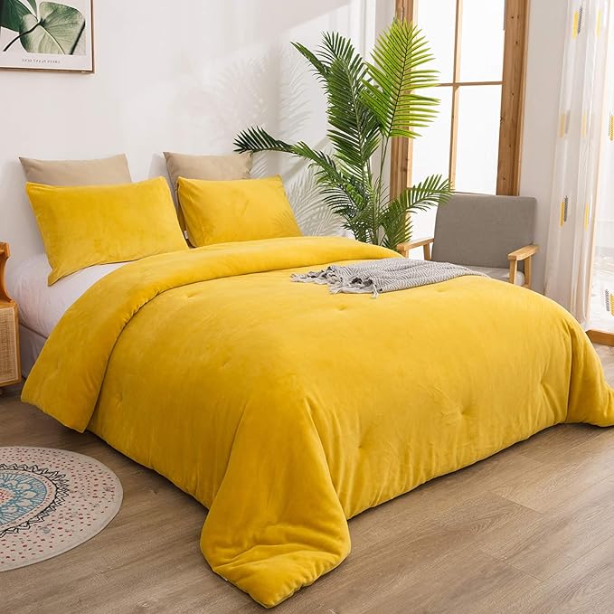 Luxlovery Mustard Velvet Comforter Set King Dark Yellow Fluffy Bedding Comforter Set Women Men Solid Heavyweight Winter Thick Warm Plush Flannel Comforter Set for Adults Teens…