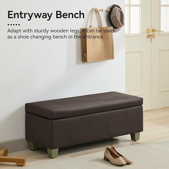 41" Faux Leather Storage Ottoman, Stitch Tufted Rectangle Upholstered End of Bed Storage Bench, Entryway Large Couch Ottoman with Wooden Legs,Brown