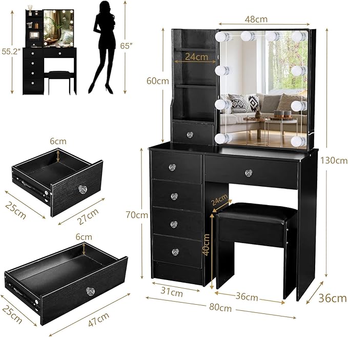 Black Vanity Desk with Mirror Lights, Makeup Vanity Table with 6 Drawers and Cabinet, Small Vanity Set with Chair Stool, 3 Modes Adjustable Sliding Mirror, Black Vanity for Bedroom