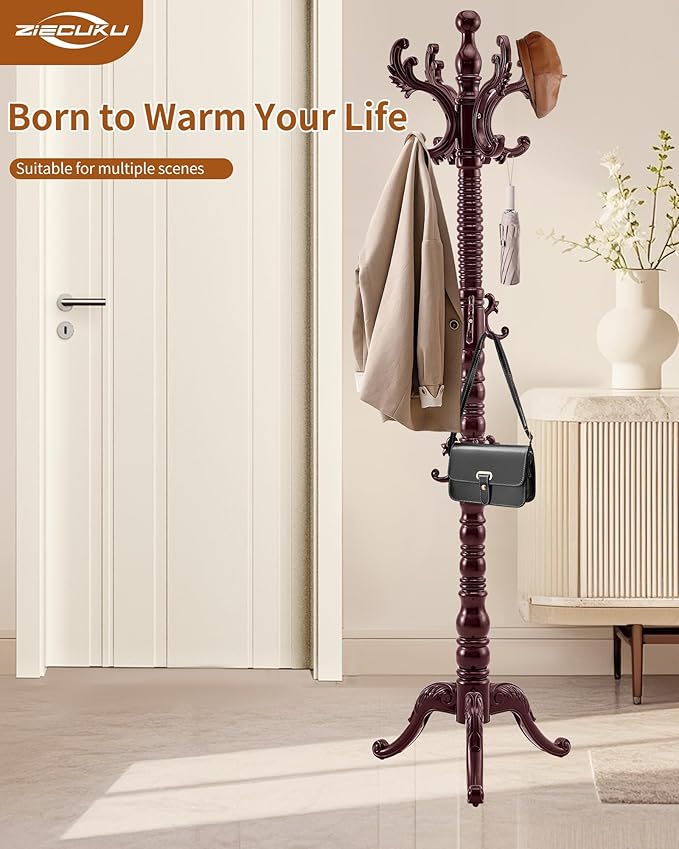 Wooden Coat Rack Freestanding, Solid Wood Coat Rack Stand with 14 Hooks, Vintage Heavy Duty Coat Racks,Standing Coat Jacket Hanger Tree Stand for Corner, Office, Entryway