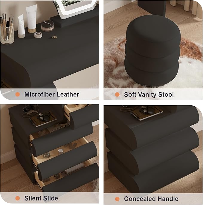 Makeup Vanity Desk with Mirror and Lights, Luxury Dressing Table with Free Retractable Side Cabinet, Microfibre Leather Wrapped Vanity Set with 5 Solid Wood Drawers, Stool-39.4in / Black