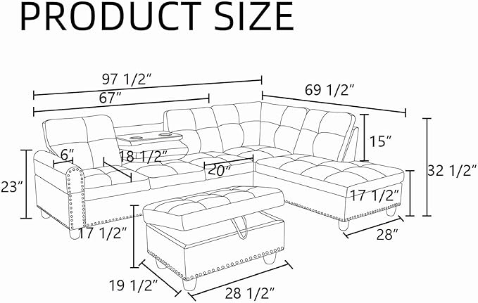 L Shaped Couch, Modular Sectional Sofa with Chaise, Modern Modular Sofas Furniture Sofa Couches for Living Room/Apartment/Office/Bedroom, Black Grey