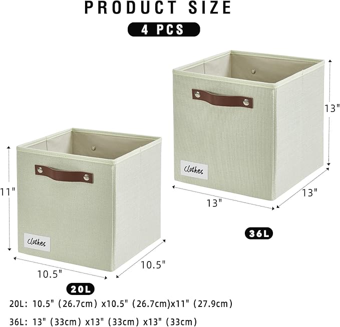 Collapsible Fabric Storage Cube Bins with 2 Reinforced PU Handles, Foldable Storage Organizer Baskets for Closet, Shelves, Living Room | 11"x11"x11", 4 Pack, Sage Green