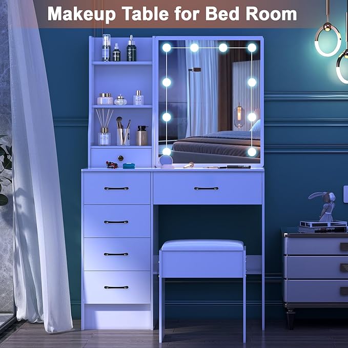 Makeup Vanity with Sliding Mirror and Lights, Modern Vanity Table with Stool and 6 Drawers, White Vanity Desk with Lights for Bedroom, Dressing Table Set for Petite Women and Girls, White