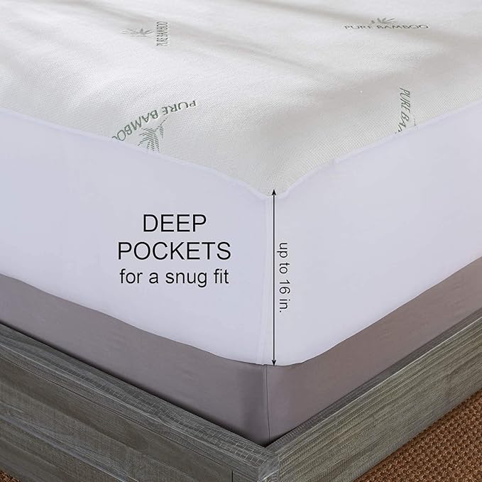 King Mattress Protector by PURE BAMBOO, Waterproof - Viscose Derived from Bamboo, Breathable, Noiseless Mattress Cover Protects Against Moisture, Spills, Stains (King)