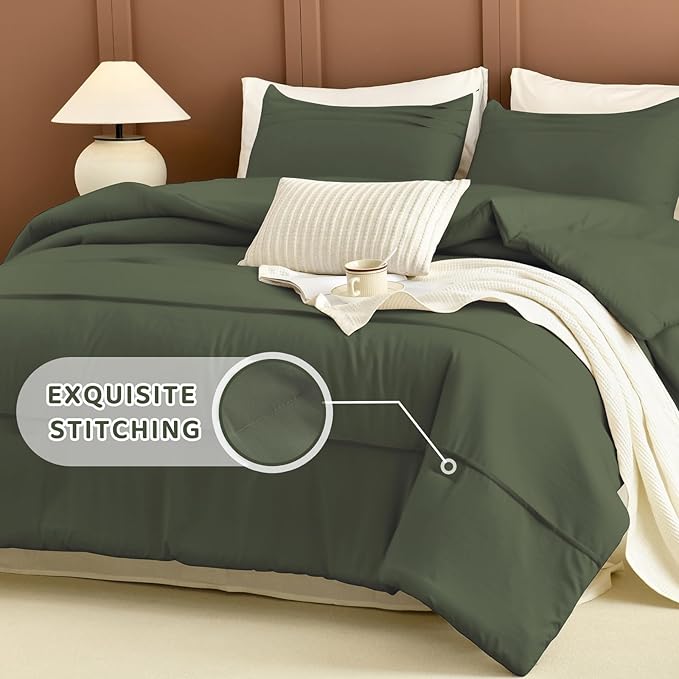 Sanracie Cotton Comforter Set Queen Size(90"x 95"),Olive Green Color Pinch Pleated Bed Comforter for All Season,3Pcs Soft Breathable Bedding Comforter Sets