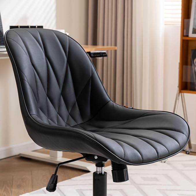 Rowill Modern Office Chair - Ergonomic Swivel Leather Desk Chair with Curved Backrest, Height Adjustable Rolling with Wheels, Perfect for Study Room & Office, Black