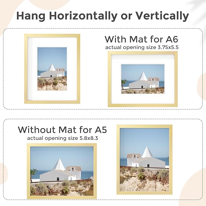 A5 Picture Frame Gold - High-End Metal Frame for Wall, Photo Frame with Mat A6, Poster Frame 5.8x8.3, Aluminum Frame and Real Glass, Diploma, Certificates, Decor, Wall Kit, Gold