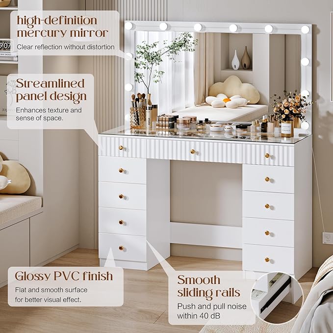 Fluted Makeup Vanity Desk with 46" HD Lighted Mirror,Big Modern Vanity Desk with Mirror and 12 LED Lights, Dressing Table with 11 Drawers, Glass Top for Bedroom,White