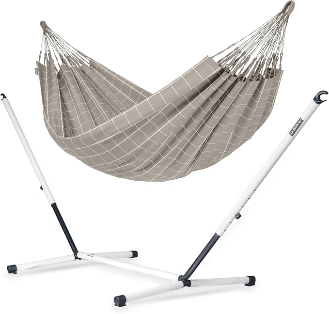 LA SIESTA® - Large Double Brisa Classic Hammock & Nautico Steel Stand - Weather & Tear Resistant Portable Hammock w/Stand - Balcony Porch Garden Outdoor Indoor Hammock - 2-Person Max 355 Lbs, Almond